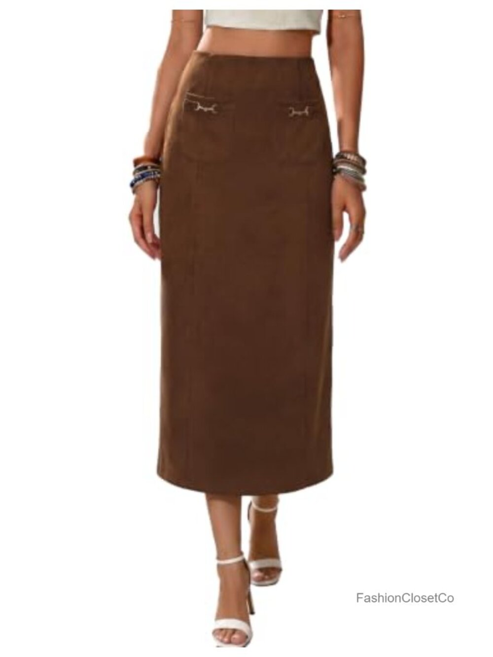 Faux Suede Midi Skirt with Pockets High Waisted A-Line Long Skirt